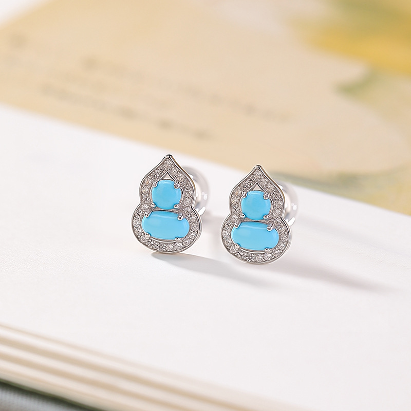 Bông tai bạc S925 đính đá turquoise hình hồ lô phong thủy may mắn — Cặp đôi