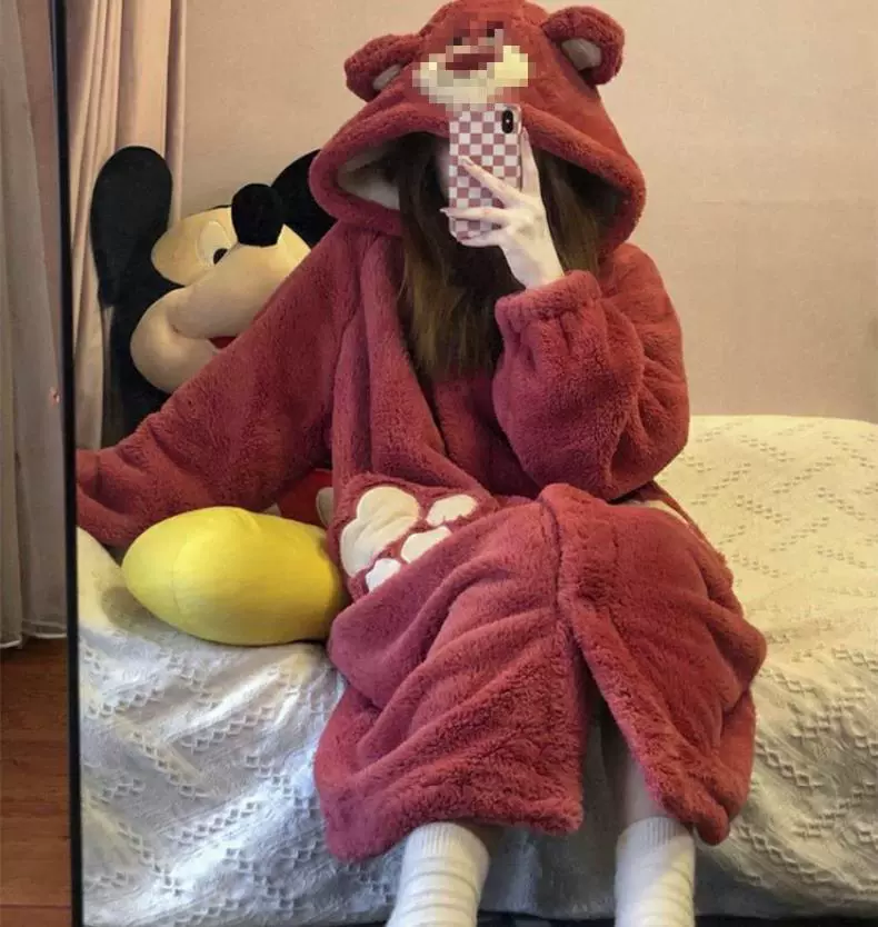 Cute coral strawberry, velvet pijama, winter warm skirt, long bathrobe, 2022, new collection