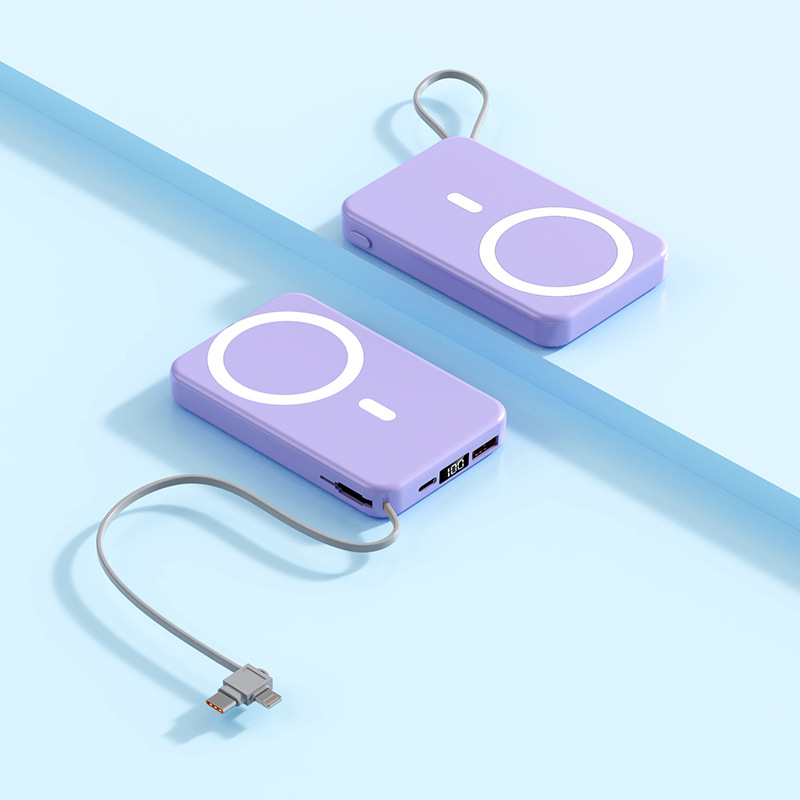 A51 con cable incorporado Apple + cabezal de carga tipo C 10000 mA Violeta