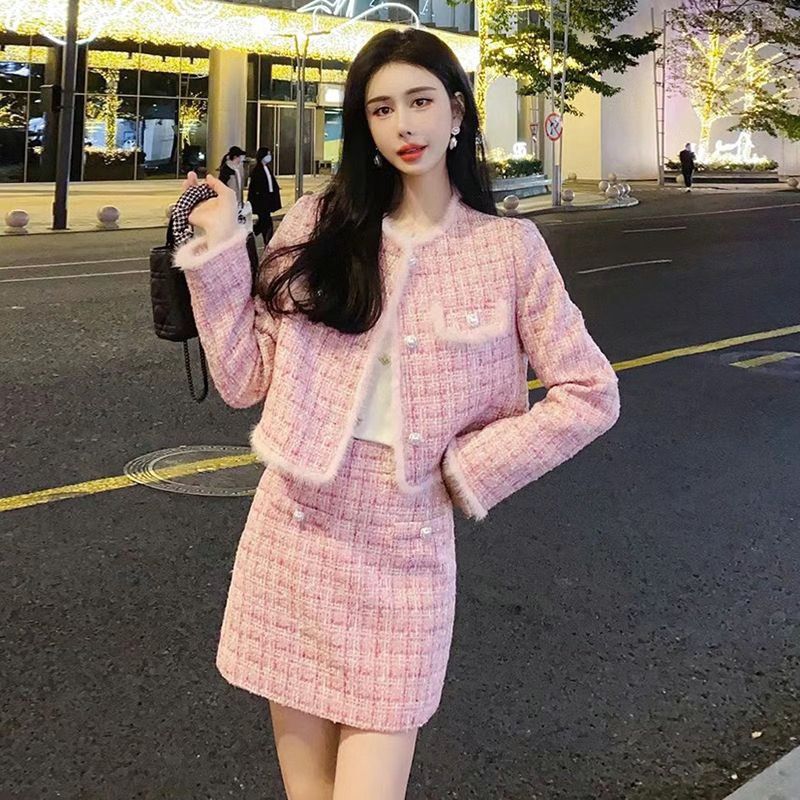 粗花呢高级感小香风时尚套装女秋冬新款加厚短外套+半身裙两件套|undefined