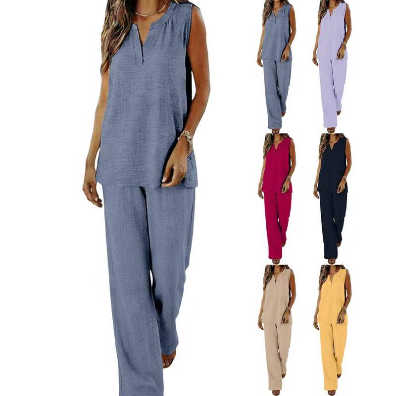 European and American Style Sleeveless V-Neck Casual Suit for Women, Summer Loose Wide-Leg Pants Two-Piece Set, Cross-Border Fashion Beach Outfit
