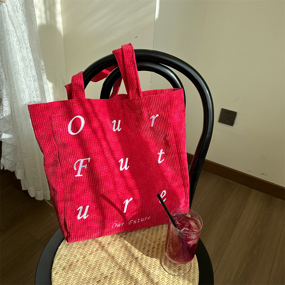 310262 embroidered letter future corduroy single-shoulder Maillard color hand-held canvas bag Women's tote bag undefined