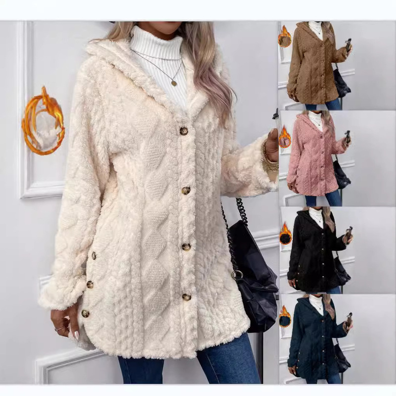 Amazon temu cross-border European and American autumn and winter women's warm fashion diamond plush hooded cardigan coat