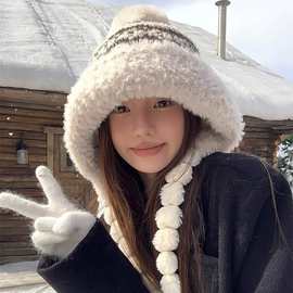 帽子民族风提花针织女冬季加绒加厚费尔岛出游滑雪帽护耳毛线棉帽
