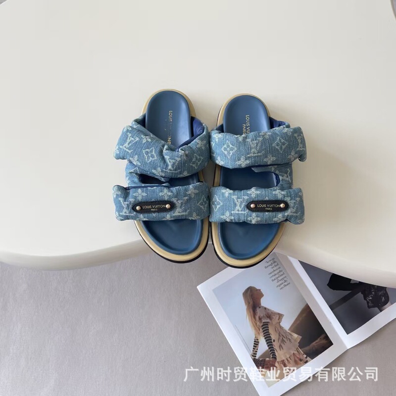 Thick-Soled Velcro Slippers for Women 2024 New Style L Brand Outdoor Fashion Non-Slip Denim Lettered Slip-Ons Thick-Soled Velcro Slippers for Women 2024 New Style L Brand Outdoor Fashion Non-Slip Denim Lettered Slip-Ons
