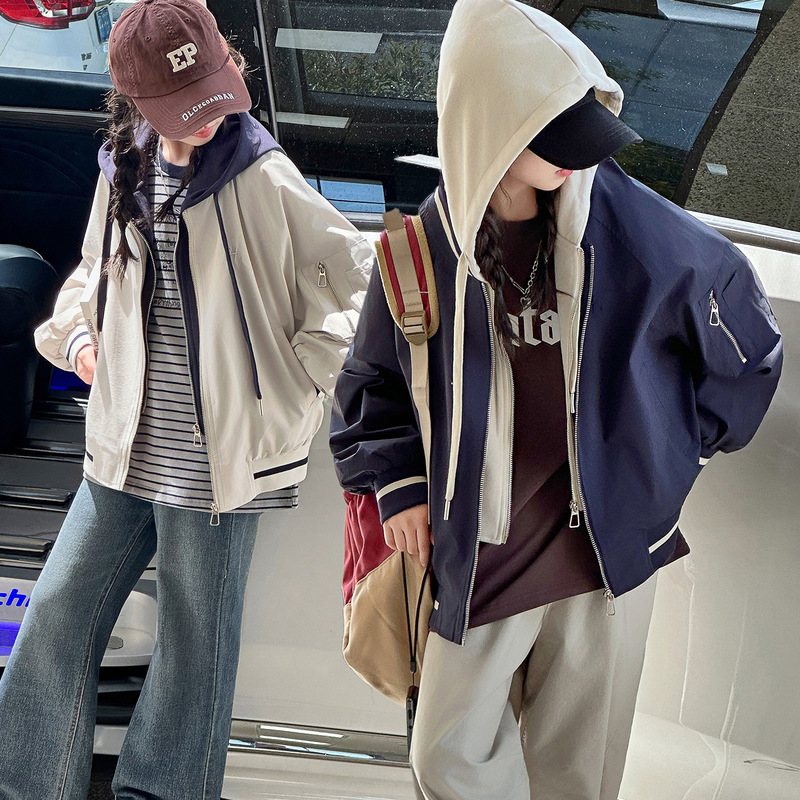 女童外套秋装2025新款儿童洋气假两件连帽外套中大童时尚冲锋衣潮|undefined