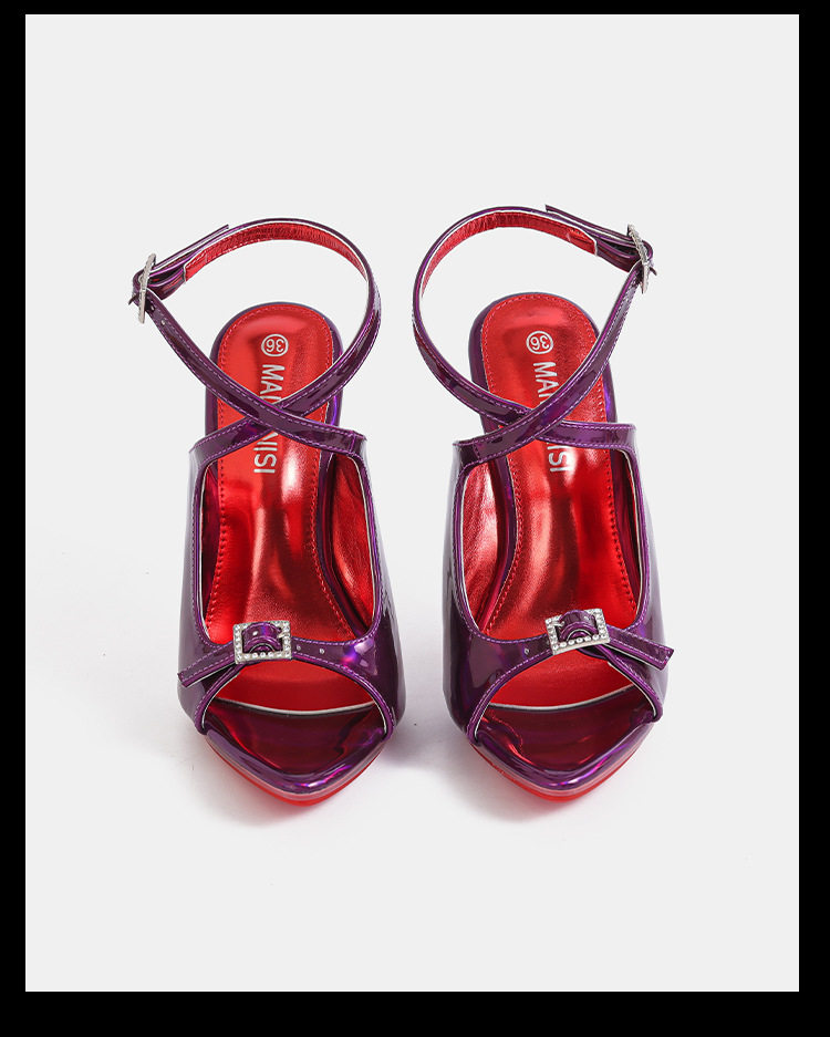 Giày sandal cao gót nữ mũi nhọn da bóng quai ngang khóa cài gót siêu cao — Màu be, Màu bạc, Màu trắng, Màu tím chi tiết 14