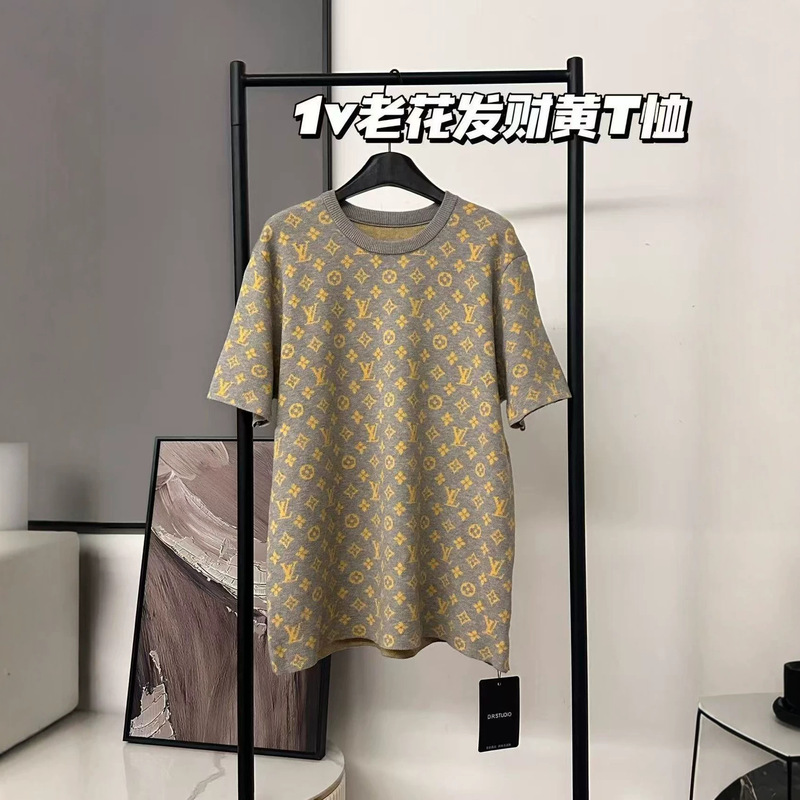 High-End Summer New Model Lv Letter Logo Gold Jacquard Knit Short-Sleeve T-Shirt Loose Knit Top