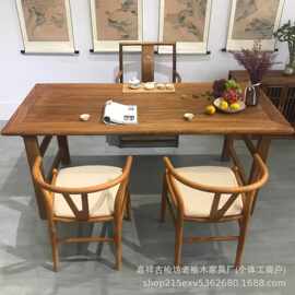 新中式榆木茶桌长条餐桌实木风化吧台包边禅意茶桌简易木桌复古