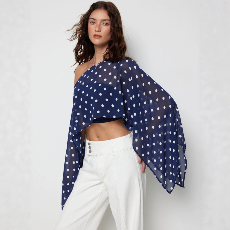 2026 European and American Style Cross-Border Spring and Summer New Women's Clothing Sexy Mesh See-Through Polka Dot Cape Blouse Top in Stock