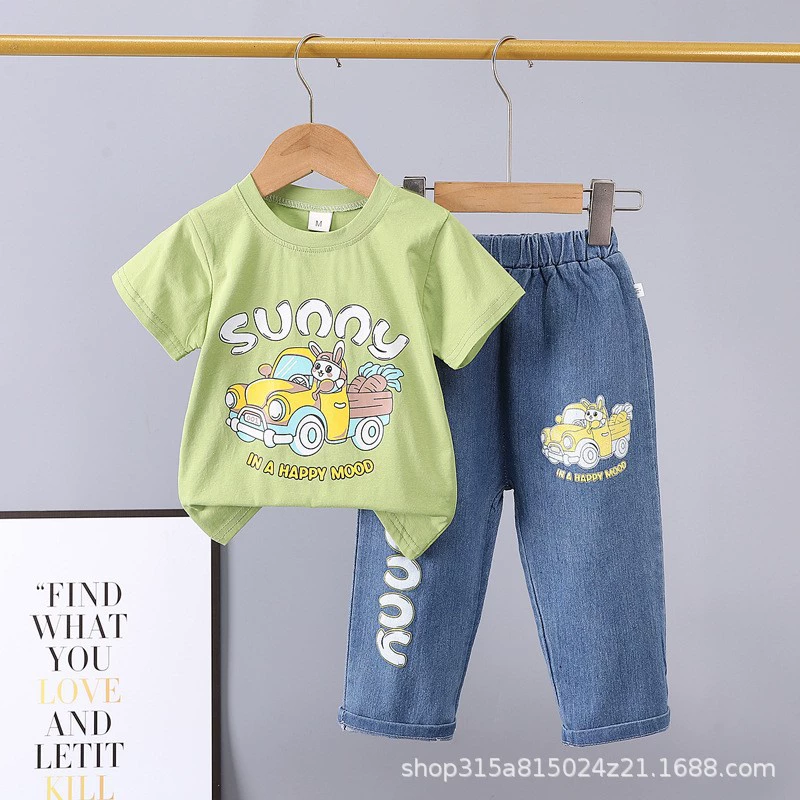 Летний детский denim комплект, мультяшные джинсы, с коротким рукавом, комплект из 2 предметов, 0-5 лет