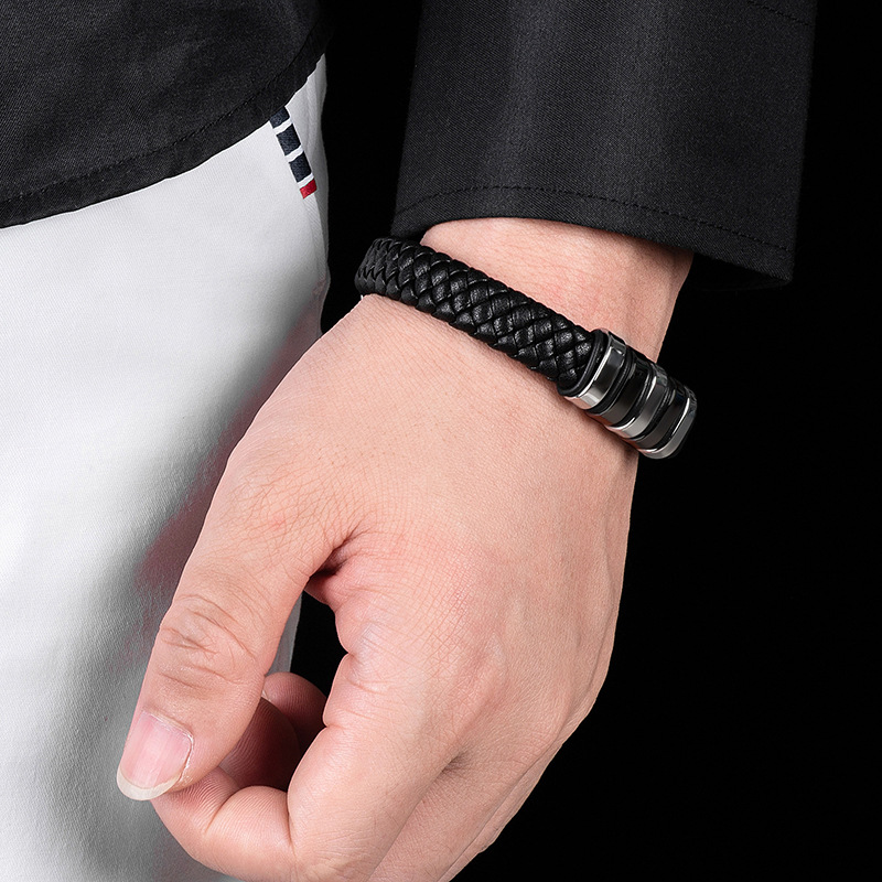 Unisex Gender Knitting Design Fashion Geometric Stainless Steel Pu Leather Knitting Unisex Bracelets