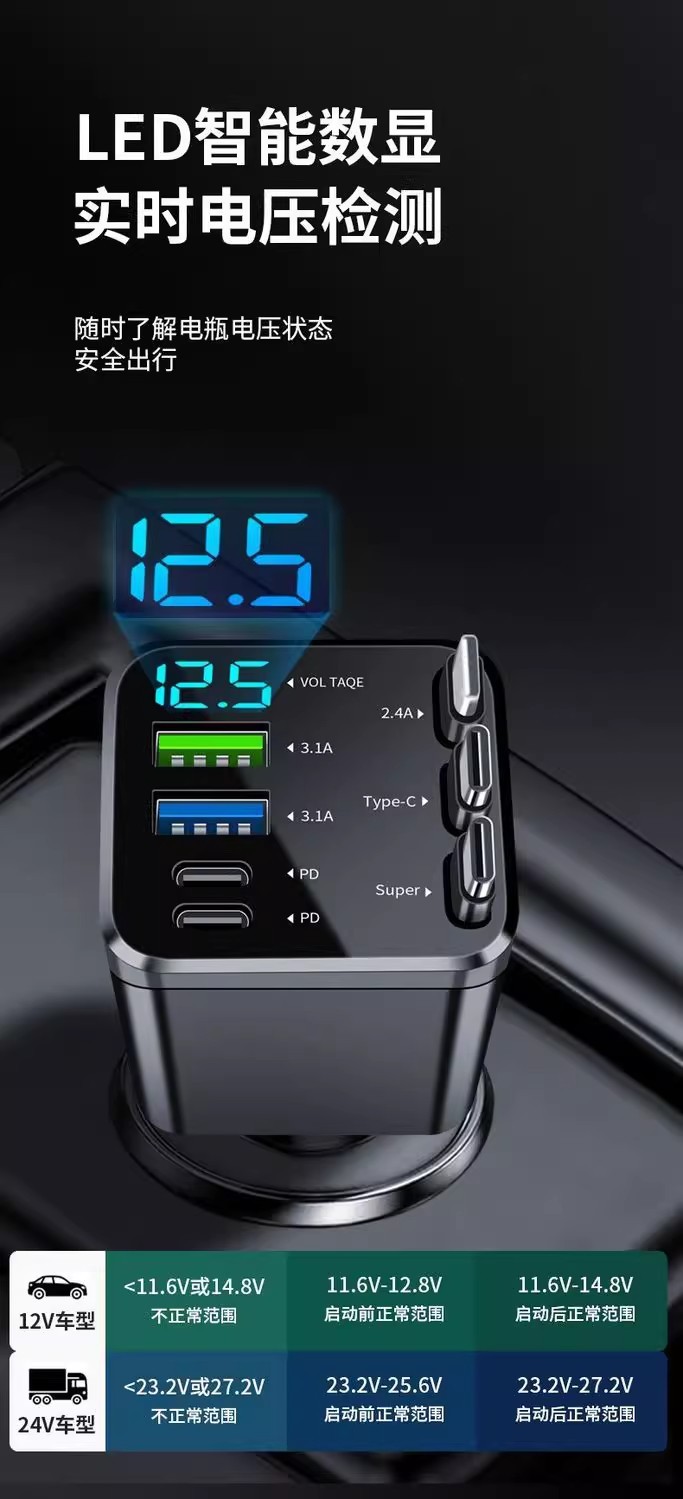 New Cross-Border Car-Mounted Starry Sky Ceiling Multi-Head Phone Charger with Seven-In-One Retractable Cable, Multifunctional High-End Car Charger