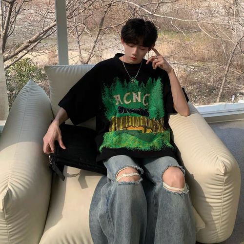 300g heavyweight t-shirt trendy brand European and American high street short-sleeved summer men's oversize American West Coast five-quarter sleeve