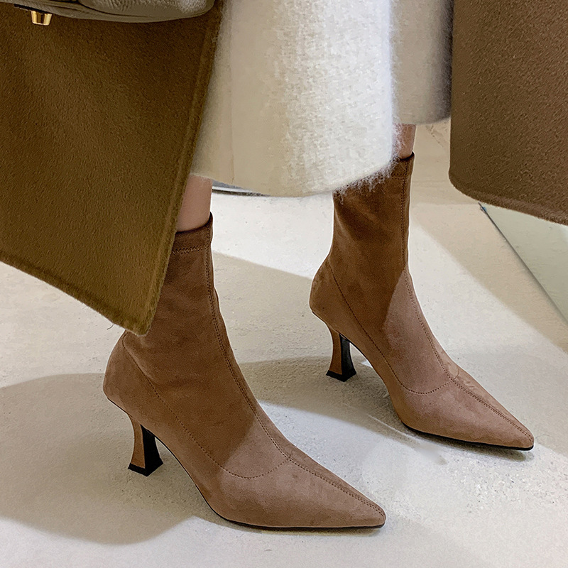 Apricot Short Boots for Women in Autumn and Winter Work Clothing High-Heeled Nude Boots Korean Style Suede Slim Boots Pointed Toe Stiletto Elastic Sock Boots Apricot Short Boots for Women in Autumn and Winter Work Clothing High-Heeled Nude Boots Korean Style Suede Slim Boots Pointed Toe Stiletto Elastic Sock Boots
