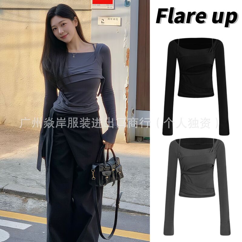 In-Stock Flare up Layered Asymmetrical Long-Sleeve T-Shirt Top with High Elasticity, Slimming Effect, Cool and Edgy Style