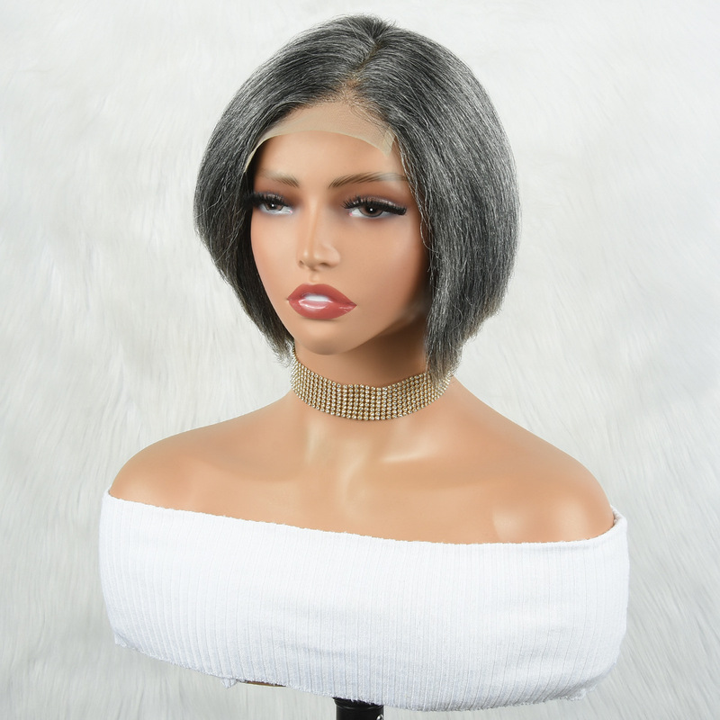Straight Human hair 4x 4 Transparent Lace wig gray wig head cover human hair