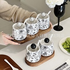 レトロなセラミック調味料瓶、アンティークデザイン、キッチン家庭用調味料カップ、高級ギフト無垢材トレイ