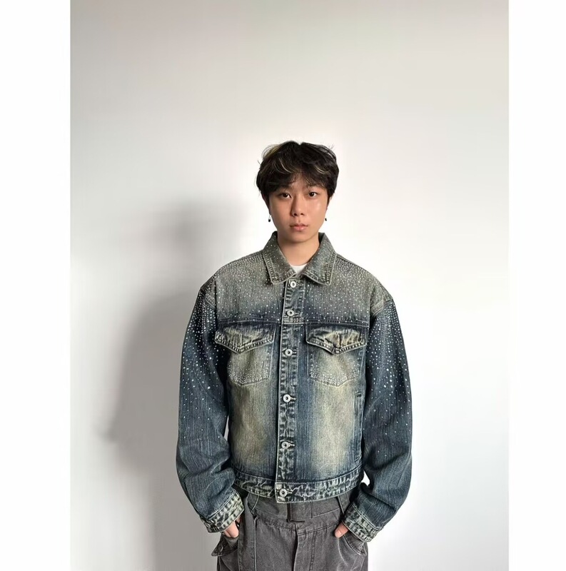 Autumn heavy-duty washed gradient rhinestone denim jacket, boxy short loose-fitting design jacket top