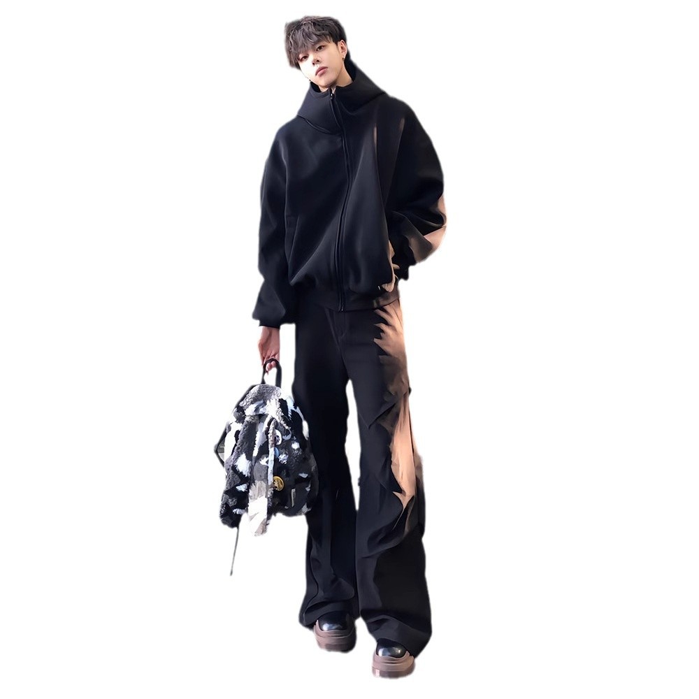 Black high neck hooded cardigan sweatshirt for men, autumn and winter, with plush heavy weight, stiff and thick jacket_voghion.com