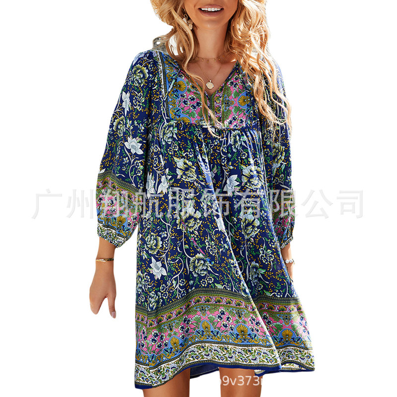 European and American Spring New Amazon Popular Women's Bohemian Printed Dress Long-Sleeved V Neck Lace-Up A-Line Skirt European and American Spring New Amazon Popular Women's Bohemian Printed Dress Long-Sleeved V Neck Lace-Up A-Line Skirt