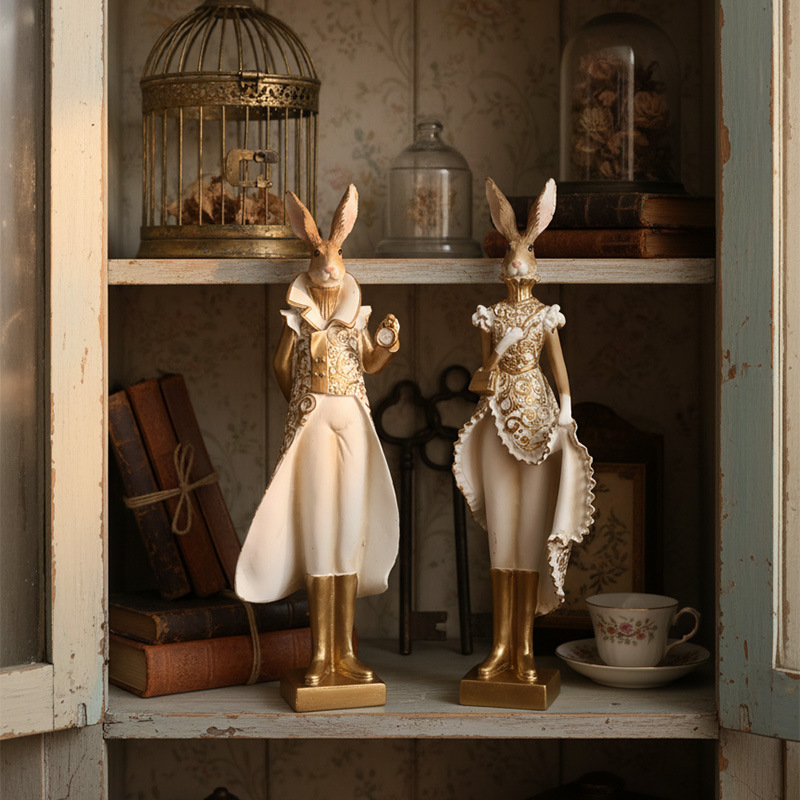 European-Style Minimalist Resin Craft Dress-Up Rabbit Ornament for Indoor Living Room Decoration, Entryway, Light Luxury Feel, Creative Desktop Decoration