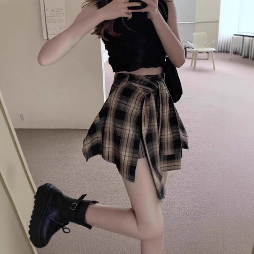 New 2025 Summer Retro High-Waist Hot Girl Two-Piece Shorts Skirt Women's Asymmetrical Plaid Casual Half-Skirt