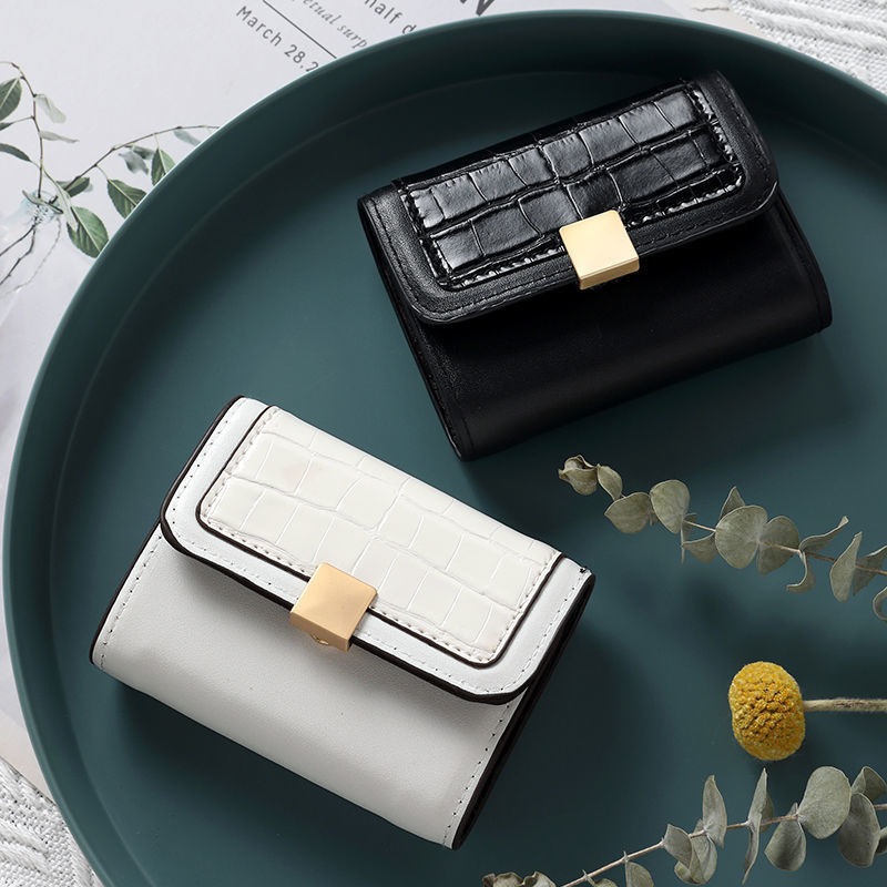 Tiktok Hot-Selling Simple Women's Compact Card Holder, Fashionable Accordion-Style Clasp Coin Purse, Solid Color Crocodile Pattern Business Card Holder