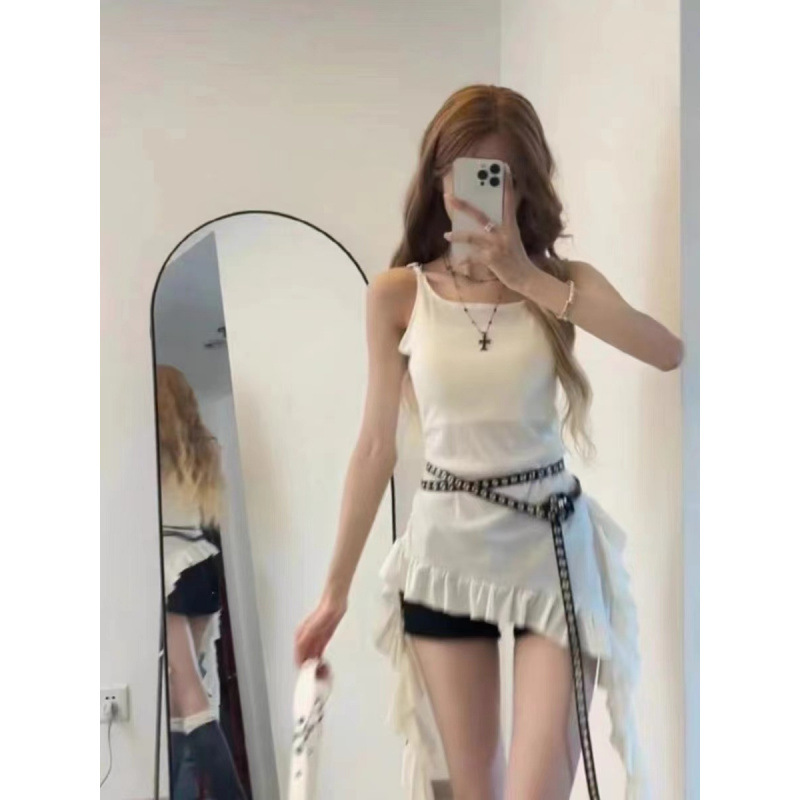 American Retro Spice Girl Ruffled Stitching Sling Top Design Irregular White Micro-transparent Sleeveless Vest