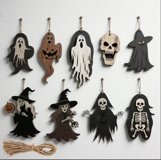 Halloween Ghost Ornaments万圣节木质幽灵蝙蝠蜘蛛节日装饰挂件|undefined