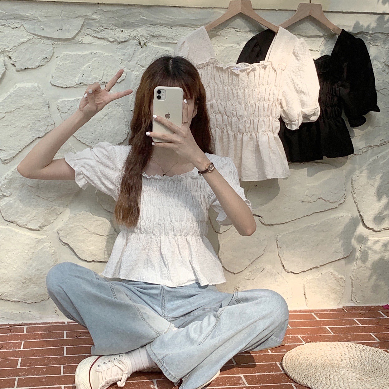 여성용 프렌치 퍼프 슬리브 스퀘어 넥 셔츠, 플리츠 디자인 쉬폰 셔츠, 여름 허리 슬리밍 및 배 커버 상의