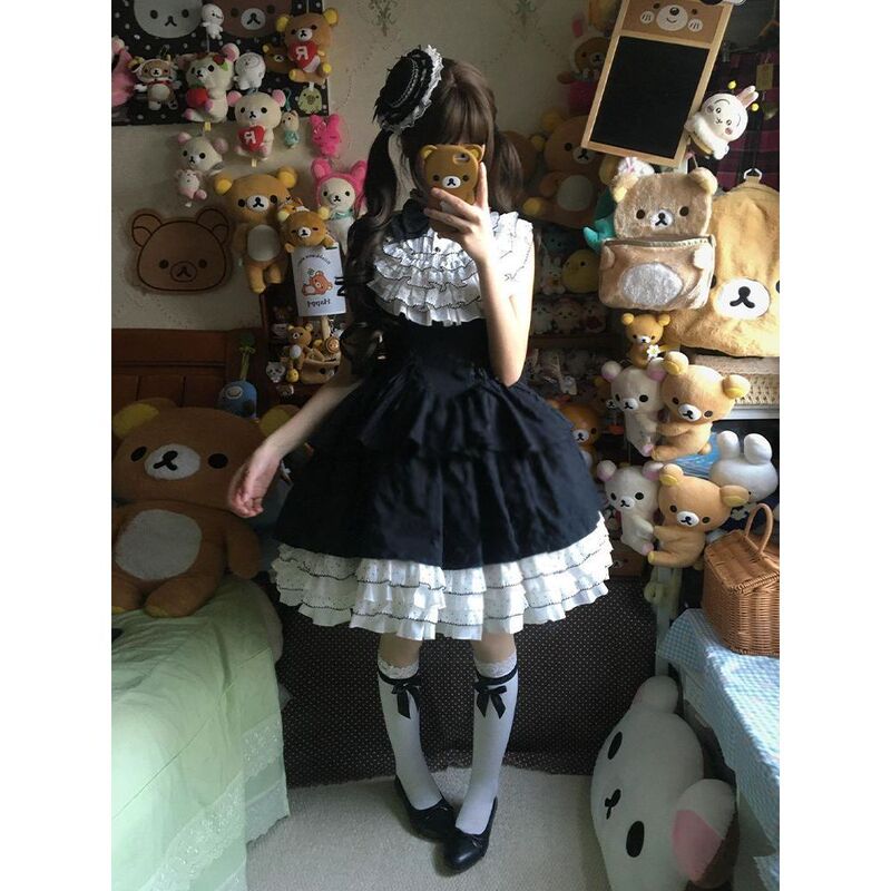 Now Available: H Lolita Sweet Style Black and White Polka Dot Patchwork Dress with Multi-Layered Ruffles Lolita Jsk Dress Now Available: H Lolita Sweet Style Black and White Polka Dot Patchwork Dress with Multi-Layered Ruffles Lolita Jsk Dress