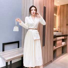 气质连衣裙款西装外套收腰显瘦拼接百褶纯色仙女长裙子