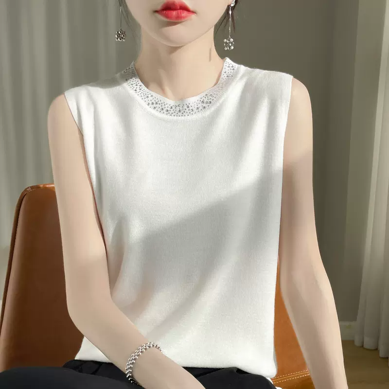 春秋带钻无袖背心女装夏无袖圆领打底衫女针织打底衫坎肩内搭显瘦