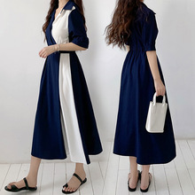 实拍 韩国法式小众翻领设计感撞色拼接一粒扣收腰短袖连衣裙