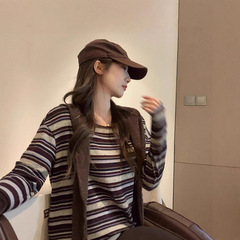 美式名媛慵懒风撞色条纹长袖圆领针织衫女早秋宽松休闲上衣