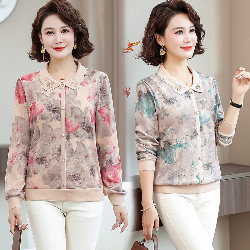 Middle-Aged and Elderly Women's Clothing, Mother's Early Autumn Style Tops, Middle-Aged Women's Autumn Outer Wear, Spring & Fall Lapel Elegant T-Shirts and Small Shirts