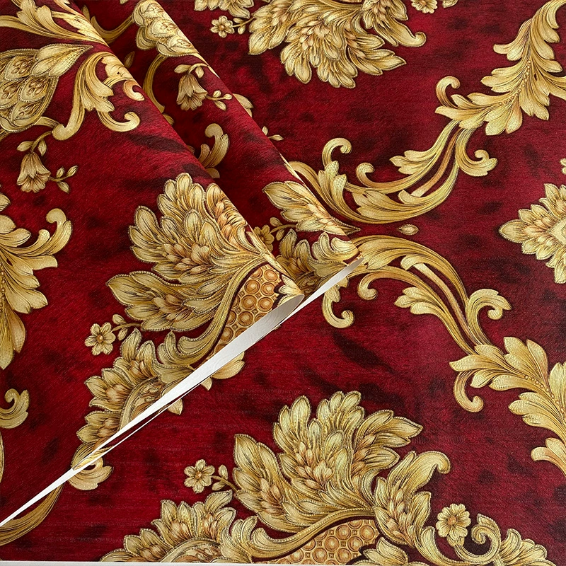 Red 3D three-dimensional European flower wallpaper bedroom living room dining room KTV box background wall palace style wallpaper
