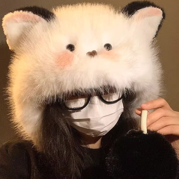 가을 겨울 여성용 귀여운 고양이 귀 플러시 모자, 벨벳, 두꺼워, 보온 및 방한, 귀 보호 레이펑 모자, 작은 얼굴