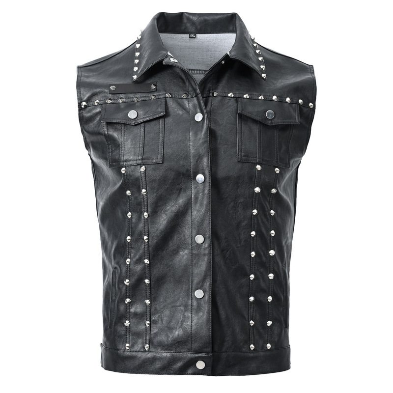 Foreign Trade Pure Color Lapel Fleet Punk Vest Men's Rivet Motorcycle Style Pu Imitation Leather Vest