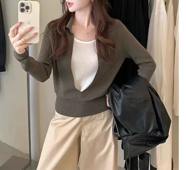 设计感撞色拼接长袖针织衫女秋冬新款时尚洋气减龄假两件别致上衣|undefined