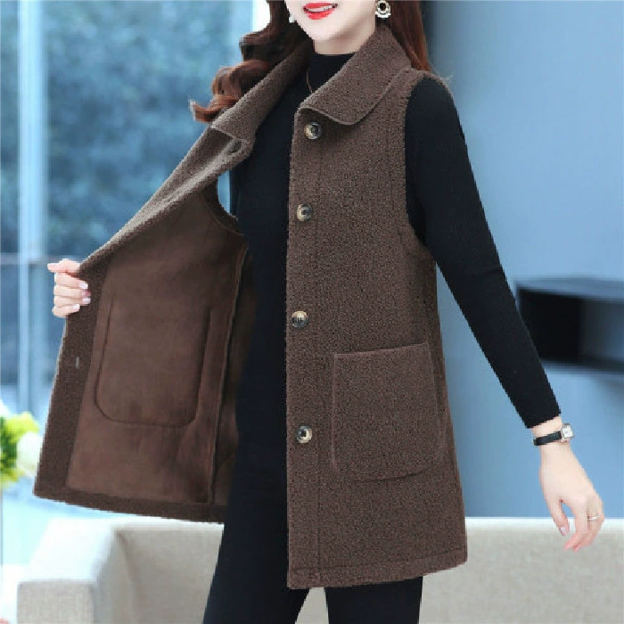 Mid‑length sleeveless vest, spring long jacket, button front with pockets, sizes XL–5XL