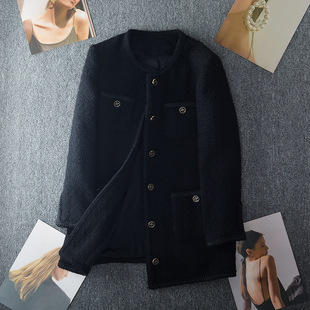 Plus size women's mid-length black Chanel style coat women's autumn and winter chubby girl high-end fashionable slimming top