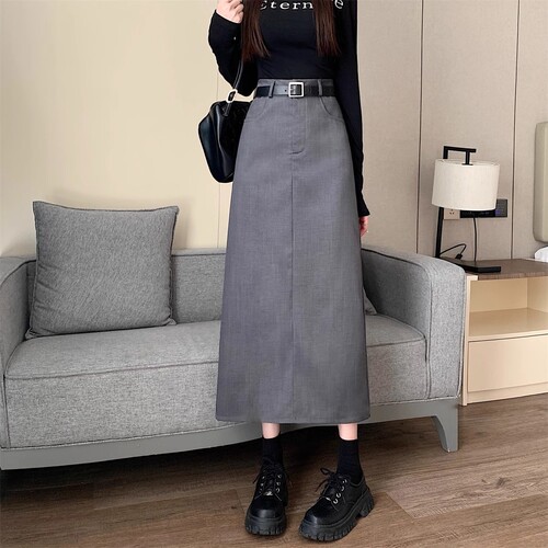Large size preppy style gray suit covering hips to show slimming skirt women's fat m high waist all-matching a-line medium and long straight skirt