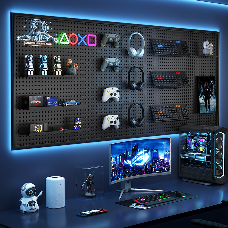 E-Sports Room Perforated Board Study Black Metal Wall Storage Rack Computer Desk Wall Hanging Board Storage Decoration Display