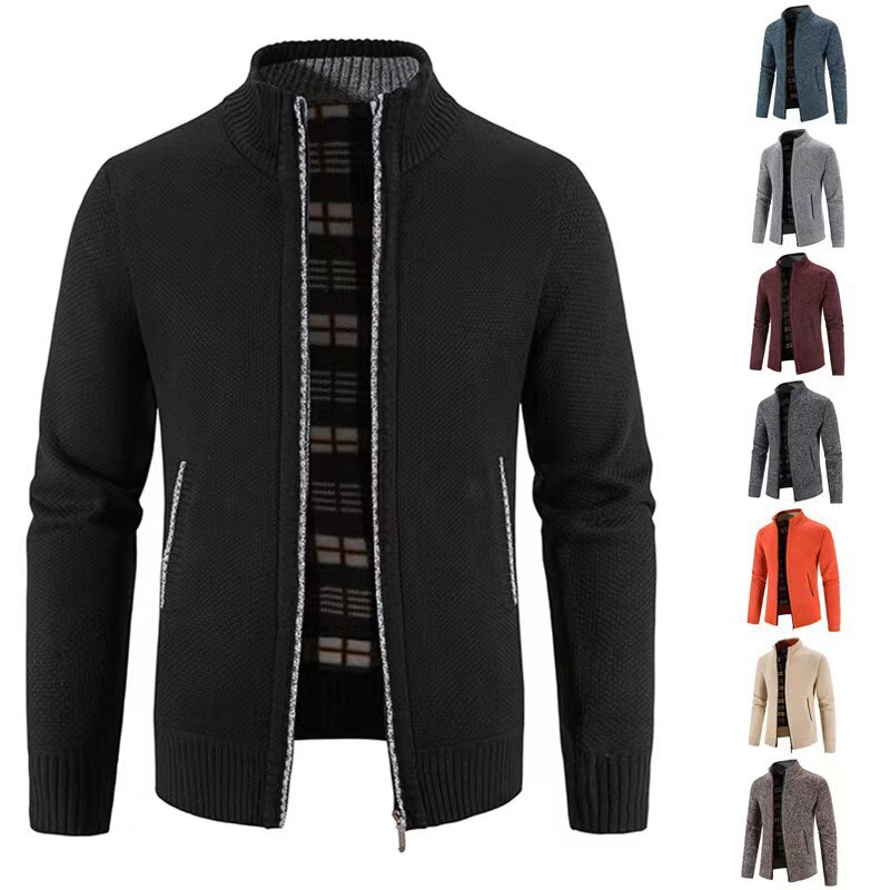 2026 Autumn/Winter Men's Fleece-Lined Cardigan Large Size Men's Clothing Stand Collar Warm Knitted Jacket Youth Sweater