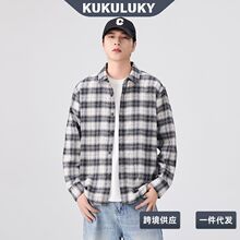 KUKULUKY经典格纹衬衫男款秋季美式潮流宽松翻领黑白格子衬衫上衣