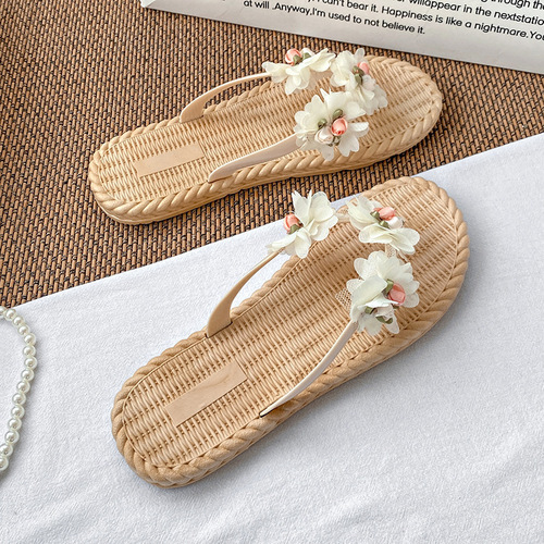 Floral women's summer slippers for outdoor wear, flat, water-resistant, beach herringbone sandals, pair with dresses, bohemian beach shoes