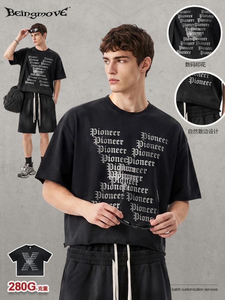 Calle secada| American High Street Personalidad Boxy Top Retro hacer vieja lavado spray impresión camiseta de manga corta para hombre
