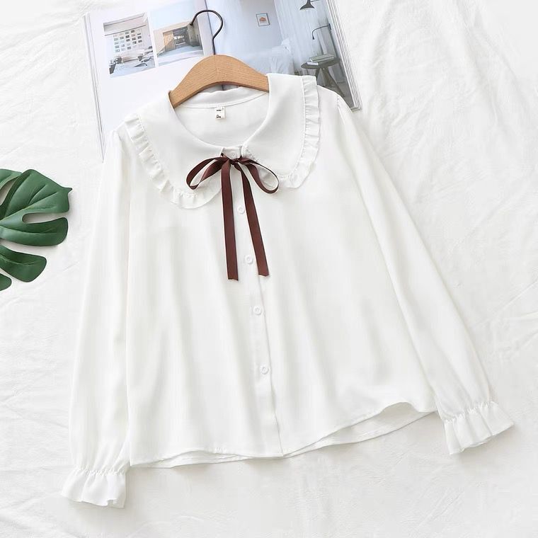 Spring and Autumn New Bow Tie Chiffon Anti-Wrinkle Solid Color Shirt Female Student Cute Doll Collar Versatile Shirt White